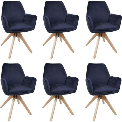6er-Set Esszimmerstuhl HHG-384, Esstischstuhl Küchenstuhl mit Armlehne, drehbar Holz Samt 320 g/m² MVG anthrazit-blau