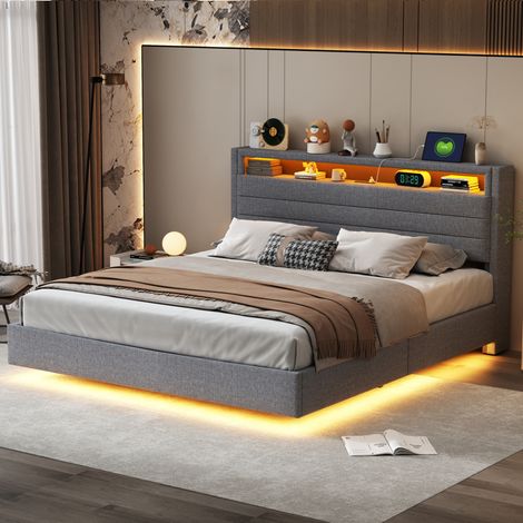 DESVIAE Lit double rembourré 160 x 200 cm avec rangement hydraulique LED USB tête de lit pivotante en lin gris (1/5)