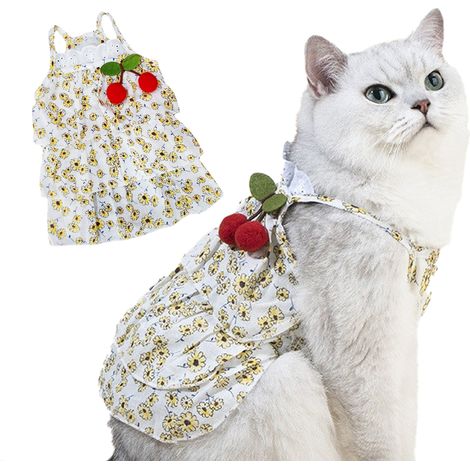 1 robe pour chien, manches bouffantes, imprimé floral, coton respirant, taille S (tour de poitrine 34-36 cm, longueur dos 25 cm), pour petites races (1/5)