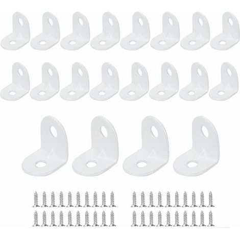Escuadra de 20 mm, soportes de ángulo recto de 90 grados, de acero inoxidable, con 40 tornillos para fijar muebles de madera, color blanco. (1/5)