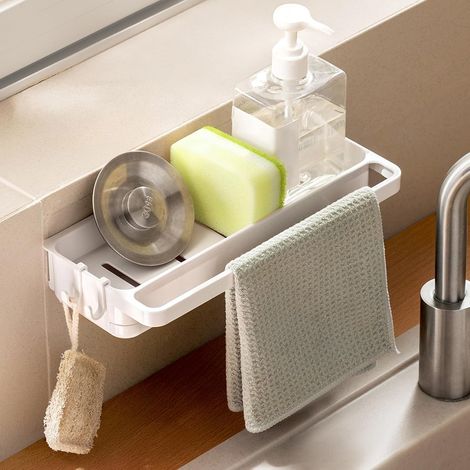 Soporte para ducha sin taladro, soporte colgante para ducha, organizador de lavabo, soporte para esponjas, organizador de baño, soporte para utensilios de cocina, blanco (1/3)