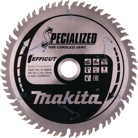 Makita B-69858 165mm x 20mm 60 Teeth Efficut Cordless Plunge Saw Blade DSP600 (1/5)