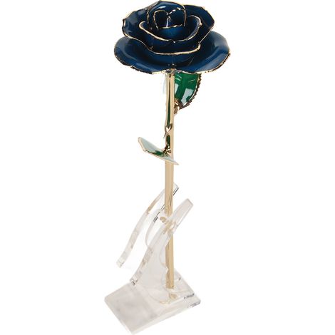 Décoration en rose plaquée or rose 24 carats, avec support, idéale pour un mariage ou un anniversaire. Couleur bleu foncé. (1/5)