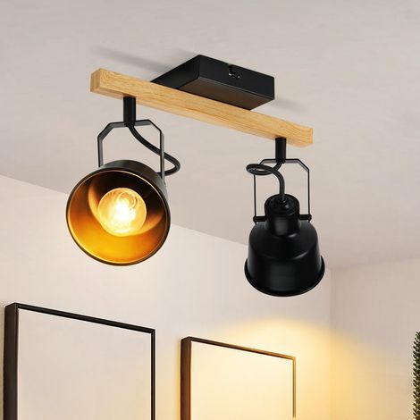 Plafonnier ZMH 2 Spots Noir : Plafonnier Vintage Pivotant 350° MAX.25W Douille E14 Industriel Grain Bois Spot Bar pour Salon Chambre Bureau (sans Ampoule) (1/5)