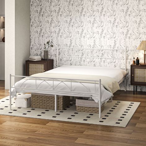 Letto matrimoniale 135x190 cm con testiera a doghe in acciaio e vano contenitore sottostante, portata massima 330 kg, colore bianco. (1/5)