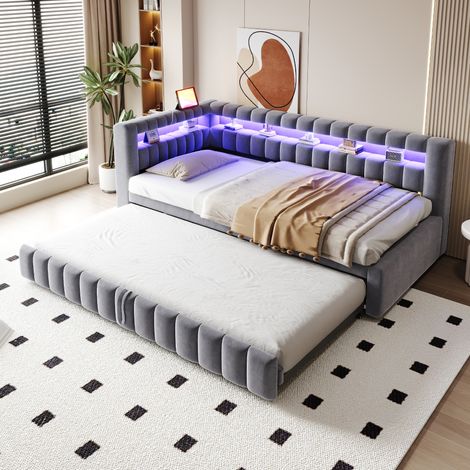 Cama Nido 90×200 cm, Cama Individual con Cama Extraíble, USB, Tipo C, LED Regulable y Compartimentos, sin Colchón, Gris (1/5)