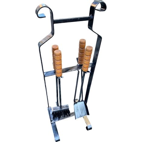 Trespolo con Set Accessori per Camino e Barbecue – 4 Pezzi in Metallo: Paletta, Scopetta, Uncino e Pinza