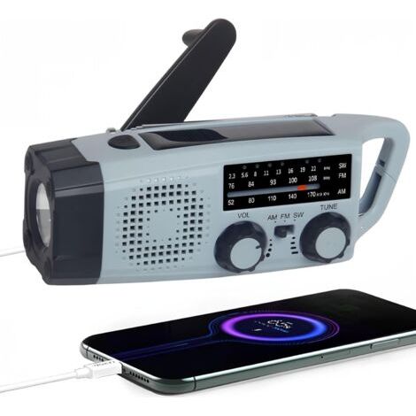 QORVA-Radio solaire AM/FM avec manivelle, lampe torche LED, alarme SOS, chargeur USB, idéale pour le camping, la randonnée et les situations d'urgence.
