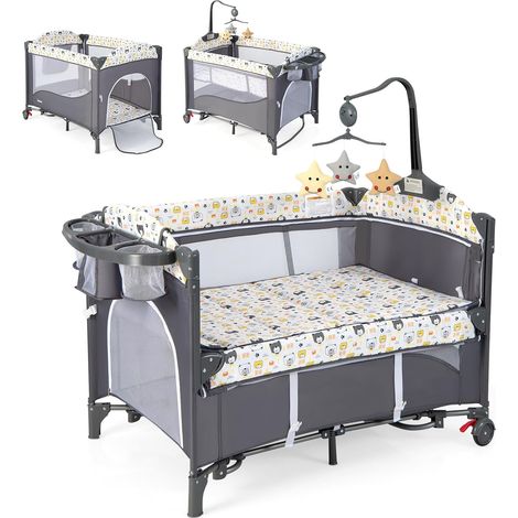 Costway – Lit parapluie bébé 5 en 1 avec matelas et table à langer – Hauteur réglable 4 niveaux – Inclinaison 5° à 10° – Charge 15kg – Non toxique (1/5)