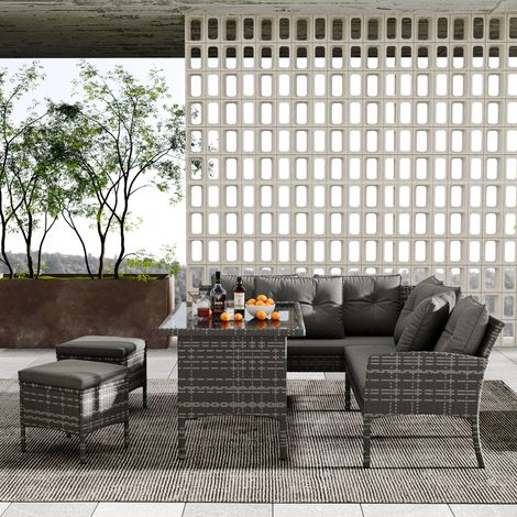 Salon de jardin pour 7 personnes : canapé, table, tabourets, coussins, housses amovibles lavables, gris