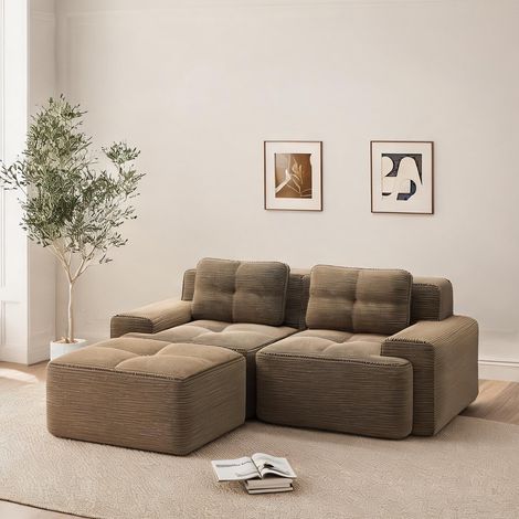 Ensemble canapé modulaire convertible en tissu côtelé marron (1/5)