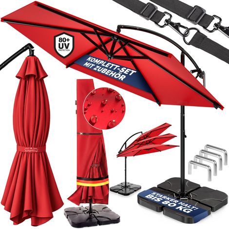 CASARIA® Ampelschirm 300 / 350 cm Komplettset inkl. 4 Gewichte & Schutzhülle – Garten Sonnenschirm UV 80+ neigbar schwenkbar mit Kurbel rund 300 cm, Rot (1/5)
