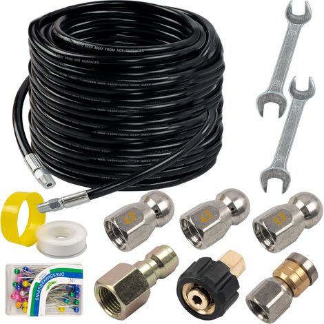 Limpiador de alcantarillas de alta presión (2000 PSI) y kit desatascador de desagües — Manguera de limpieza de 15 m con conexión NPT de 1/4 ” (1/5)