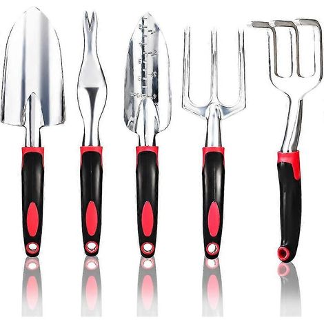 Ensemble de 5 outils de jardin en alliage d'aluminium pour la plantation manuelle, comprenant une truelle, un désherbant et un outil de repiquage (rouge). (1/4)