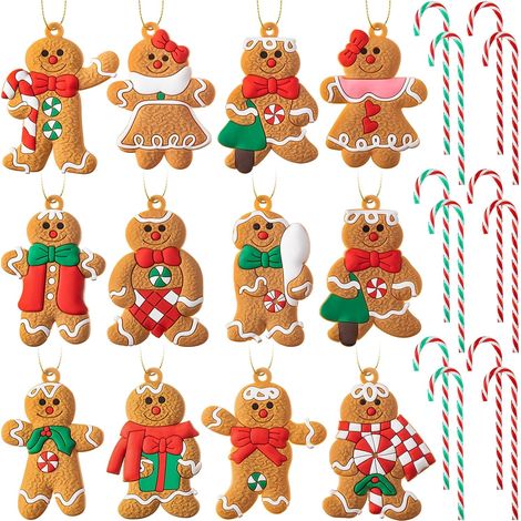 24 décorations de Noël en acrylique : cannes de Noël et bonhommes en pain d'épice. Décorations à suspendre pour sapin de Noël, maison et fêtes. (1/5)