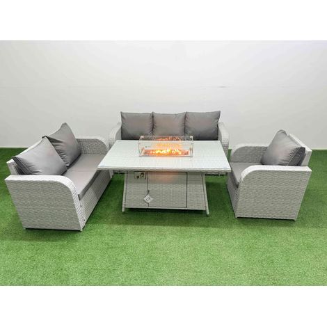 Fimous Patio PE Wicker 6 Seater Outdoor Rattan Furniture Sofa Sets with Firepit Dining Table Reclining Chair Loveseat Sofa 3 Seater Sofa Light Grey (1/4)