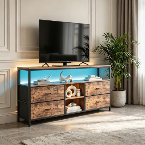 Kommode mit 4 Schubladen aus Stoff, einstellbare LED-Beleuchtung, Sideboard, Aufbewahrungsmöbel mit Metallrahmen, TV-Halterung für Schlafzimmer, Wohnzimmer