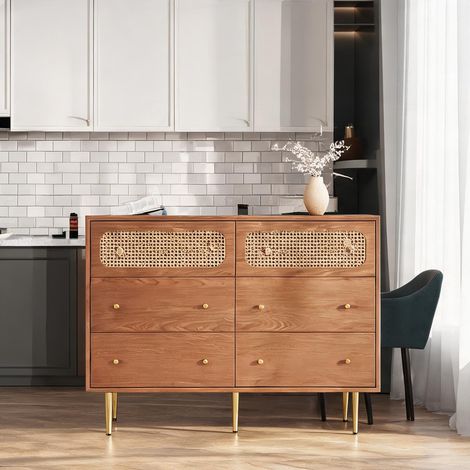 Commode 6 tiroirs en bois noyer et métal rangement vintage walnut (1/5)