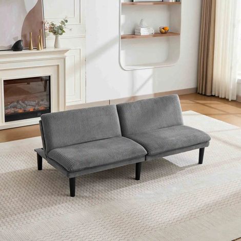 Dreifach-verstellbares 2-Sitzer-Sofa in grau, 106-140-180° – Schwarze Kunststoff-Rundfüße, kord-ähnlicher Samtbezug, Holz-Lattenuntergestell, entspannte Lounge-Couch für Wohnzimmer & Home-Cinema