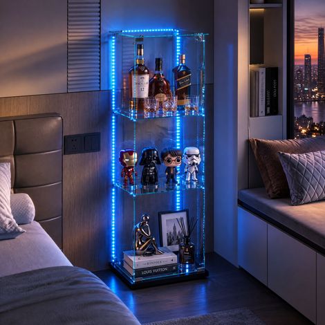 JOOKGBD-Glasvitrine,1 Tür vitrinenschrank 3 Regalen,mit Schloss und LED,Sammlerstücke Glasvitrine,Bücherregal aus Glas,Vertikale Glasvitrine,für Wohnzimmer Schlafzimmer Büro,Lampenkugel-Stil,Schwarz (1/5)