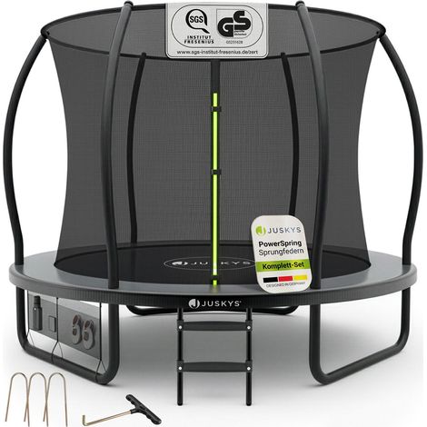 Juskys Trampolin SkyBounce S Ø 228 cm – Outdoor Gartentrampolin mit Sicherheitsnetz und Leiter, PowerSpring Sprungfedern, gepolsterte Randabdeckung, bis 100 kg