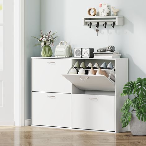 Armoire à Chaussures Meuble à Chaussures Grande Taille dimensions 120L x 24l x 81H cm 4 Portes abattantes Double Niveau en Bois Blanc