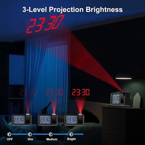 Reveil Projecteur Plafond, Réveil Numérique avec Température Intérieure, 4 Niveaux de luminosité de Projection Ajustables, Réglage 12/24H pour Chambre à Coucher, Bureau (1/4)