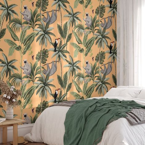 Papel tapiz jungla naranja con hojas y animales Jungla Tropicale