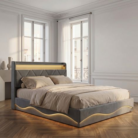 Einzelbett 160 x 200 cm – Gepolstertes Kopfteil – Samtbezug – Integrierter Stauraum – Robust und langlebig