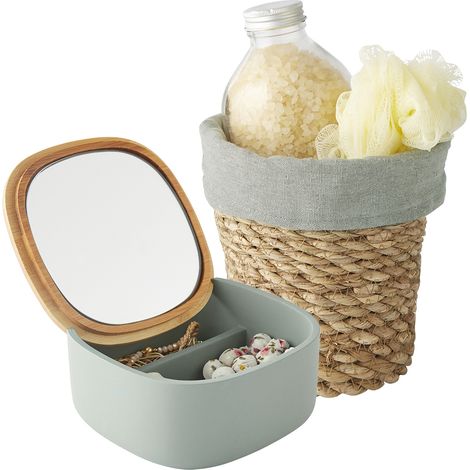 Boite à bijoux en BOIS et polyrésine avec miroir + 1 pochon en paille naturelle offert - Vert Sauge / Naturel - Polycoton (1/4)