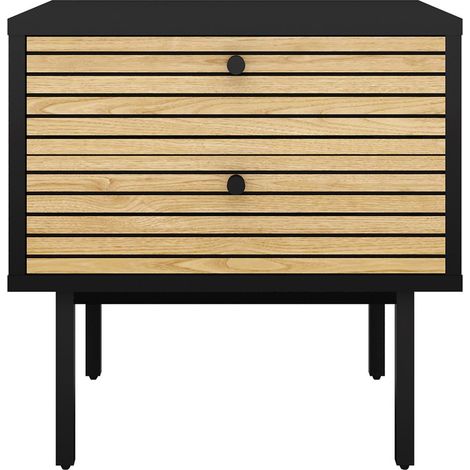 Table de Chevet Scandinave avec 2 Tiroirs en MDF Noir et Placage en Chêne Véritable - PANGIVO (1/3)