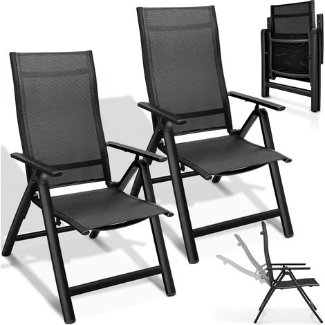 tillvex Silla de jardín premium, 2 piezas, negra, plegable, de aluminio Silla con respaldo alto y reposabrazos Silla plegable ajustable Silla plegable para balcón, jardín y terraza
