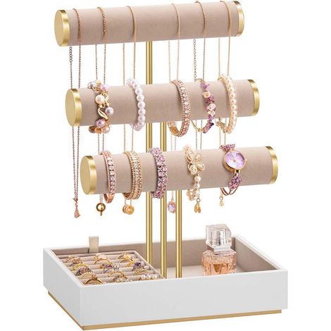 Porte-bracelet support bijoux 15 x 22 x 29,6 cm pratique 3 niveaux design moderne en MDF blanc (1/2)