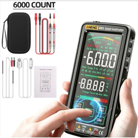 Multimètre numérique 6000 comptes – Tension AC/DC 0-1000V – Courant 0-10A – Résistance 0-60MΩ – Écran tactile couleur VA – Version améliorée
