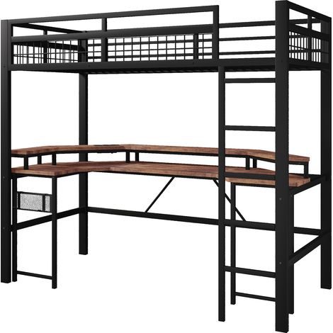 Lit mezzanine, 90 x 200 cm, structure en fer, avec bande lumineuse LED à changement de couleur, avec bureau, 1 port USB + 1 port Type-C et 2 prises, avec panneau perforé, sans matelas, noir (1/5)