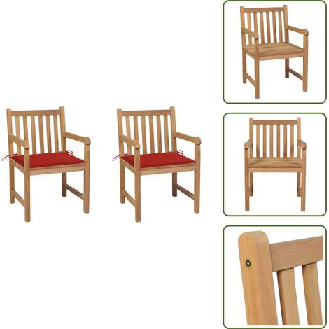 Chaises de jardin lot de 2 et coussins rouge Bois teck massif - Chaise De Jardin - Fauteuil De Jardin - Mobilier De Jardin - Terrasse - Décoration Extérieure (1/5)