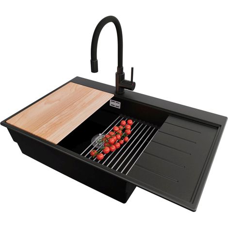PRIMAGRAN Evier Cuisine en Granit 78x50cm,Lavabo 1 bac + Robinet 40x38cm + Kit de Vidage + Accessoires, Évier à Encastrer au meuble 60cm - Sydney, Noir (1/5)