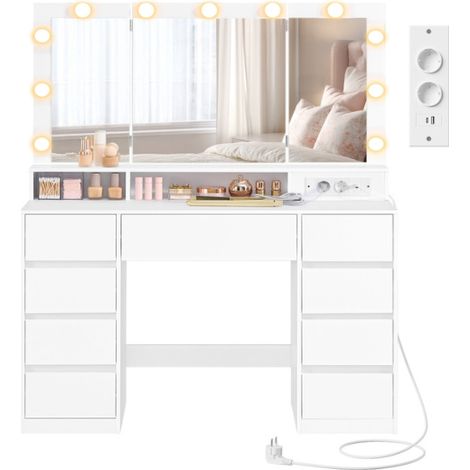 Coiffeuse moderne avec miroir 40 x 107 x 144 cm 9 tiroirs éclairage LED réglable ambiance cosy en aggloméré blanc nuage (1/2)