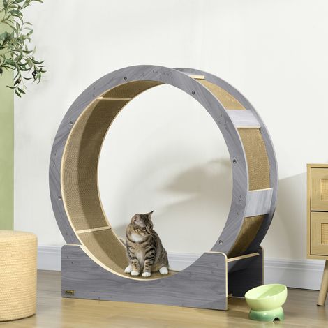 Katzenlaufrad, Laufrad für Katzen, 91 cm, mit Bremse, Kratzmatte, Katzenrad für gesunde Bewegung, Walnuss