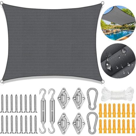 Sonnensegel 3x4m Rechteckig Wasserdicht mit Befestigungsset Grau (1/5)