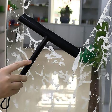 Duschabzieher für Glastüren, Badezimmerabzieher mit Silikonhalterung, Fensterhaken aus Edelstahl, Haushaltsreinigungsgerät (Schwarz, Einheitsgröße)