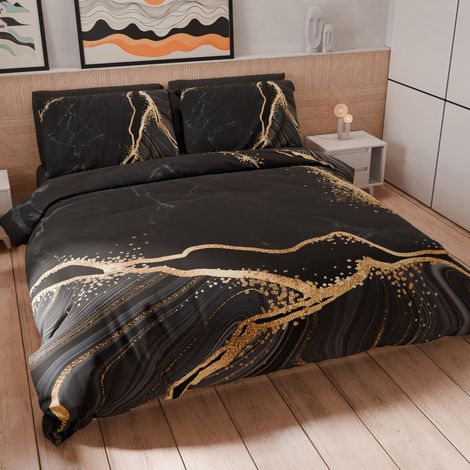 Housse de Couette 2 Places 250x200 cm 2 Taies 50x80 cm Incluses, Parure en Microfibre Imprimée Noir (1/5)