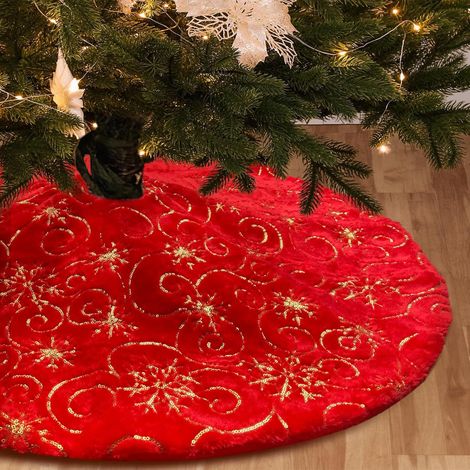 Jupe de sapin de Noël, jupe de sapin dorée à flocons de neige, jupe de sapin doublée polaire, jupe de sapin rouge en polaire, jupe de sapin rouge à paillettes, 90 cm