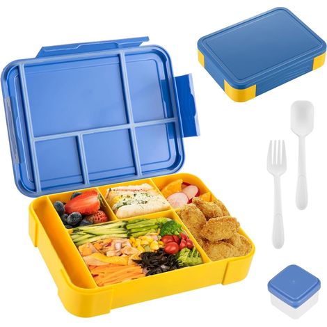 1 Boîte Lunch 6 Compartiments, PP Étanche, Fourchette Cuillère Inclus, École Pique-Nique Adulte Enfant (1/5)