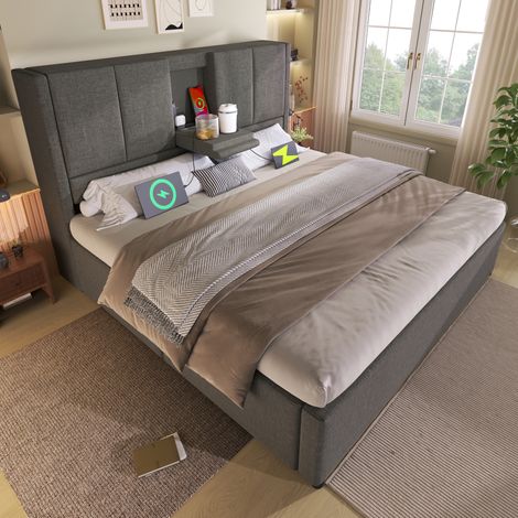 Letto contenitore 140x200 cm con caricatore USB, portabicchieri nascosto, grigio HAVRYA (1/5)