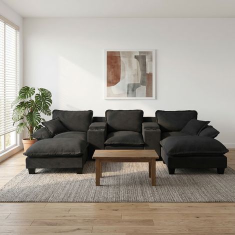 Canapé modular en U de chenilla negra 323x151x90 cm con USB, almacenaje y portavasos (1/5)