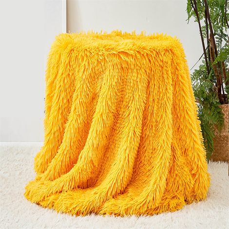 Couverture Plush - Microfibre Polyester - 120 x 76 cm - Pour Canapé Lit Chaise - Jaune - 1 Pièce (1/3)