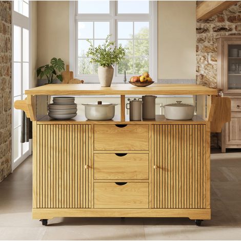 Carro de cocina con tablero extensible, altura ergonómica 95 cm, 3 cajones, MDF marrón, OKWISH (1/5)