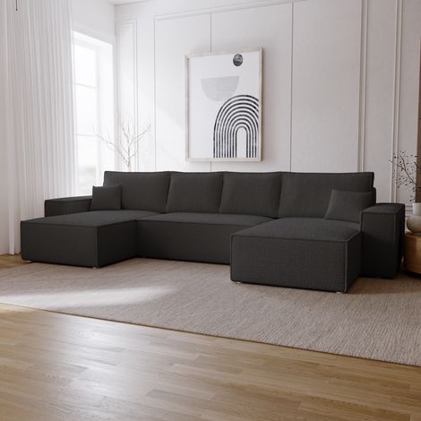 Emporius Canapé d'angle bouclé Bergamo U, 377 cm, 6 places - canapé convertible, noir (1/5)