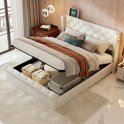 Lit Coffre 160x200 cm avec Sommier à Lattes, Lit Double Capitonné en Velours avec Tête de Lit LED et Lampe de Chevet Intégrée, Lit adulte, Beige (1/5)